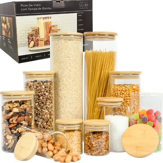 Kit 10 Potes Herméticos com Tampa de Bambu